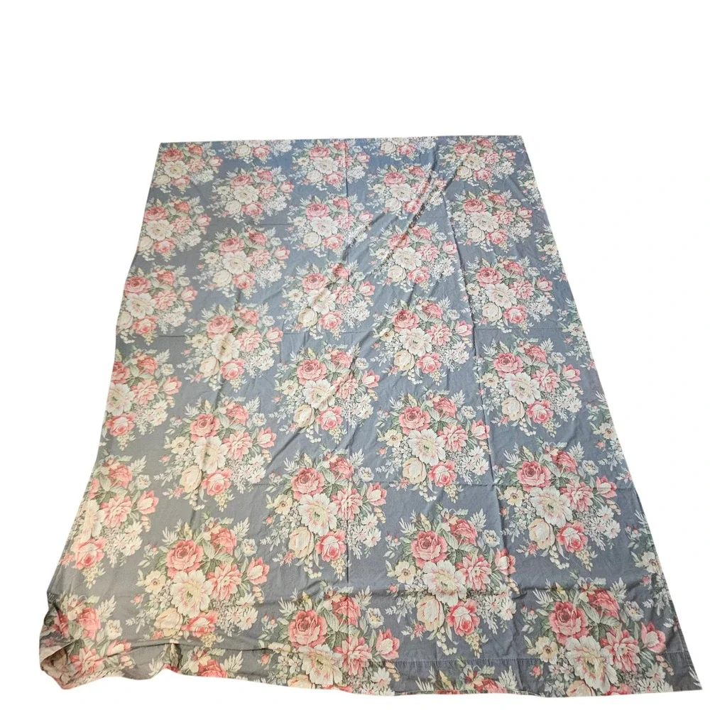 Vintage Ralph Lauren Floral Flat Sheet Blue Pink Cotton Made in USA 102x83